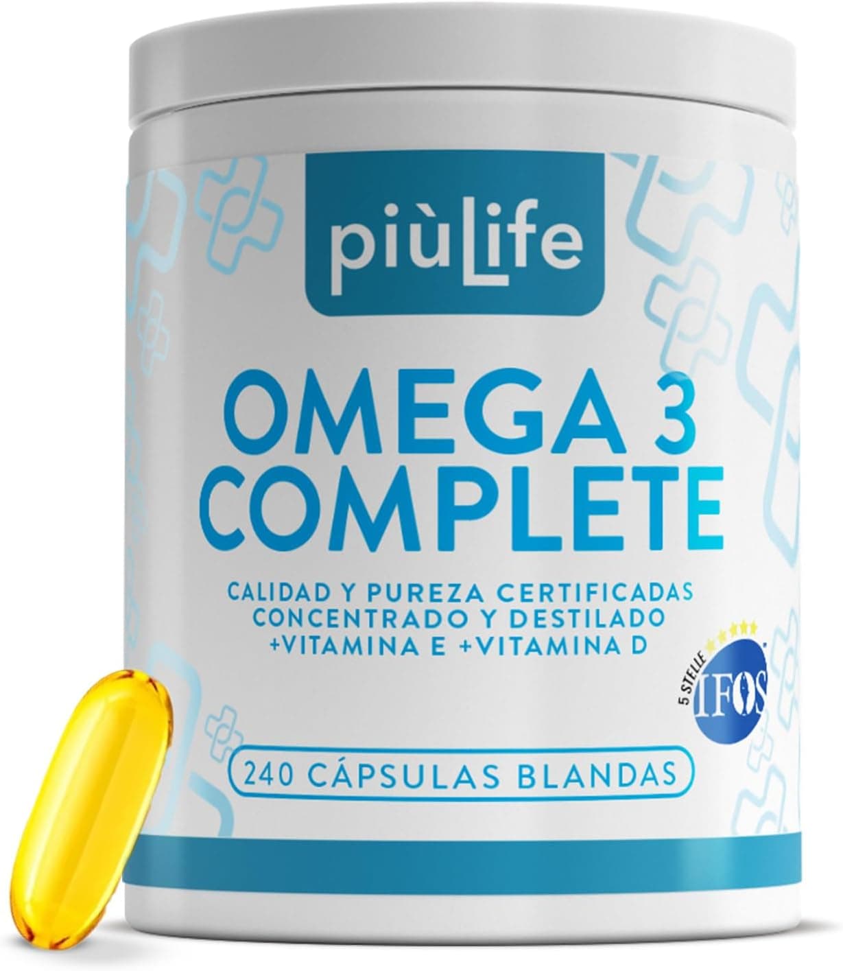 Omega 3 IFOS Certificado con Vitamina D3 y E PiùLife, 240 Cápsulas Blandas