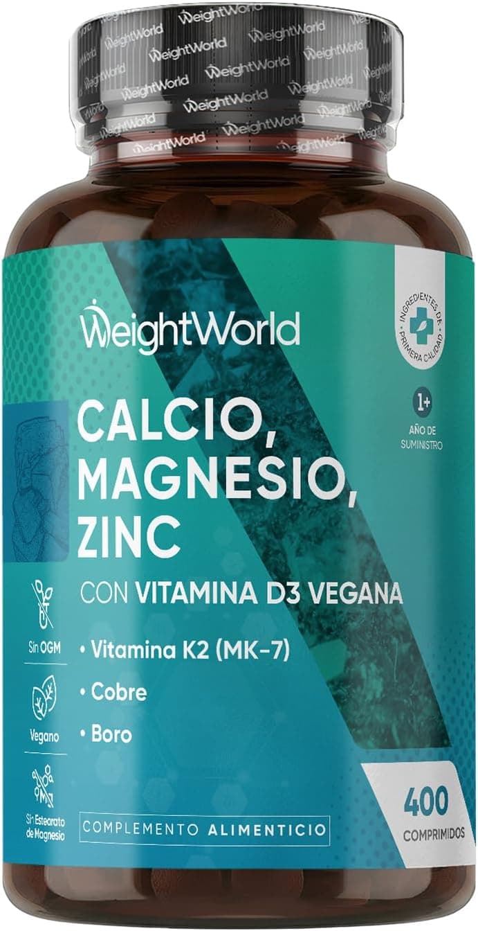 Calcio, Magnesio y Zinc con Vitamina D3, K2 y Más - 400 Comprimidos Veganos