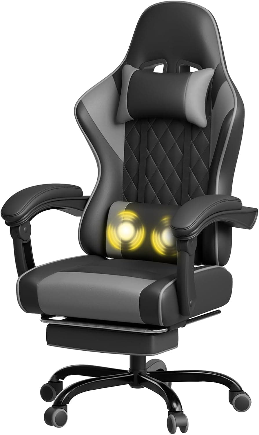 JUMMICO Silla Gaming con Masaje, Butaca Reclinable Ergonómica con Reposapiés y Reposacabezas, Silla de Ordenador y Silla de Trabajo, Soporta 150 kg, Cómoda y Elegante,Gris