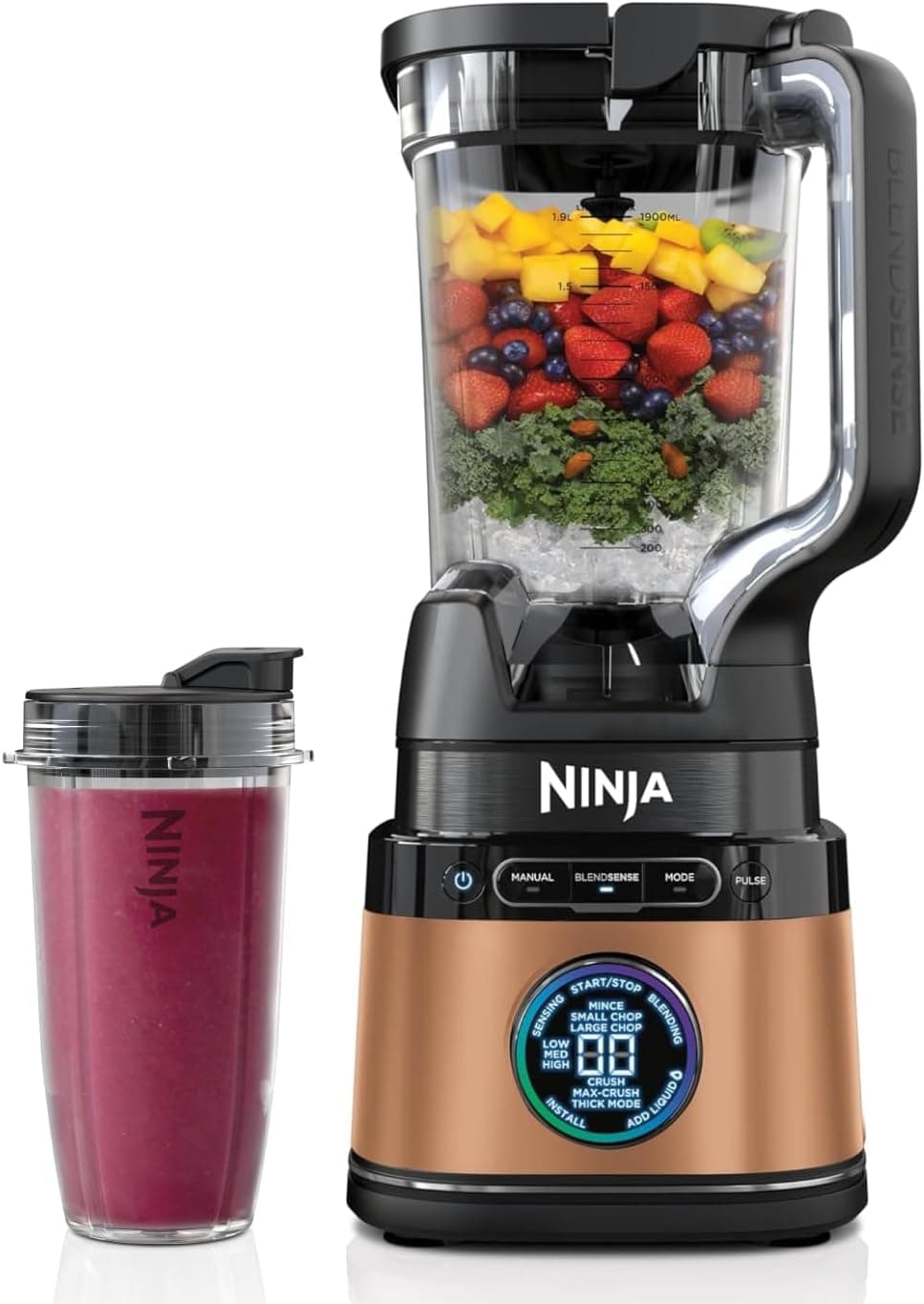 Ninja Detect Power Pro Batidora 2 en 1 (1200W), con jarra de 2 L (capacidad máx. 1900 ml) y 2 vasos, para smoothies, picar verduras y bebidas heladas, negro/cobre, TB301EUCP