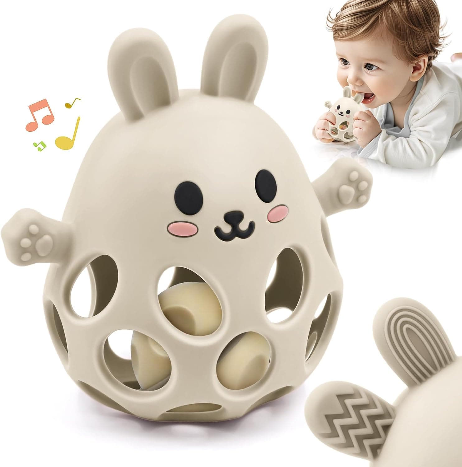 Forma de Conejito Alivio de la Dentición Mordedor Juguetes para Bebés, Mordedor Seguro con Sonajero, Blandito y Fácil Agarre Silicona Alimenticia, Juguete 3 6 9 12 18 Meses Niño Niña Autismo, Beige