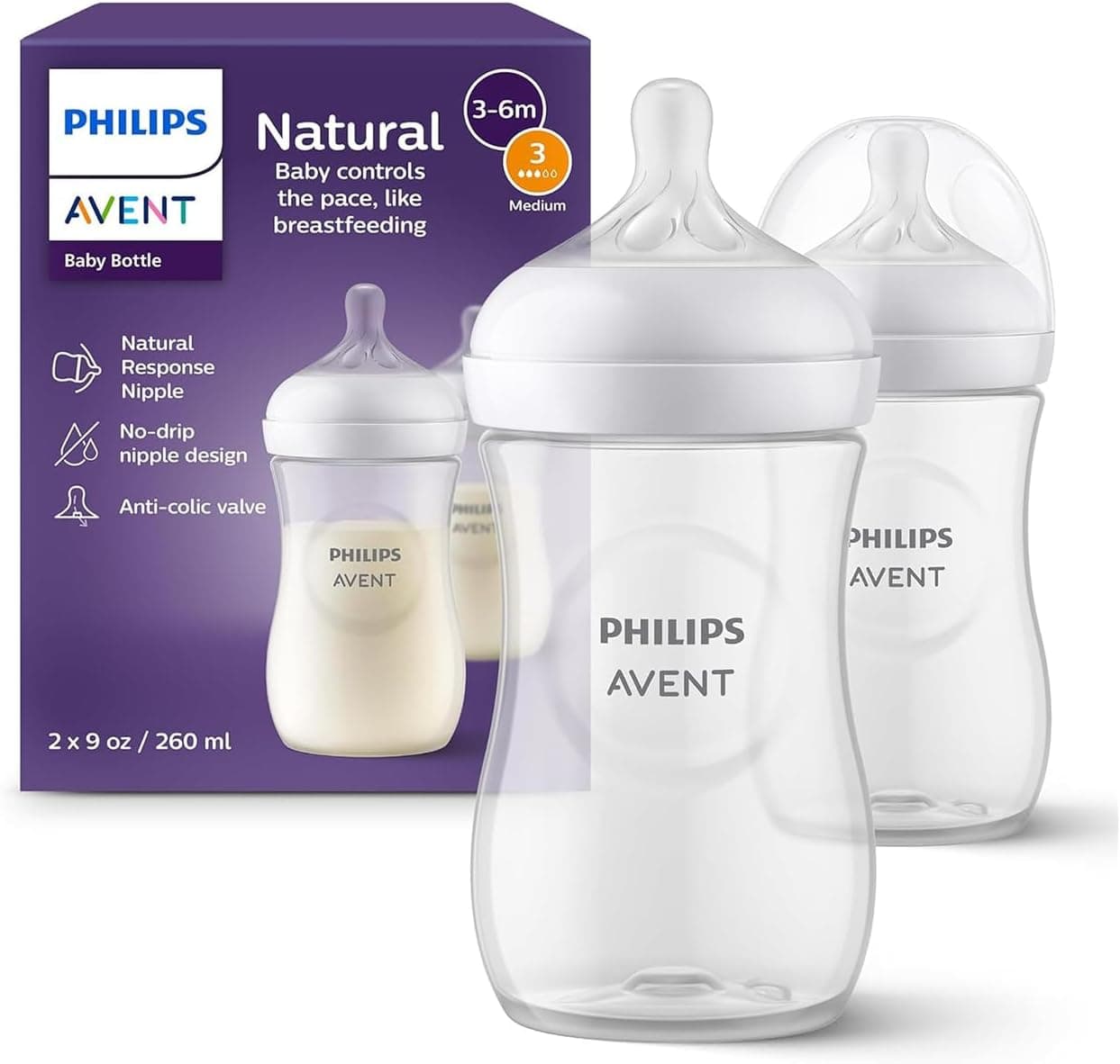Philips Avent Biberón Natural Response: 2 biberones para bebés recién nacidos de 260 ml, sin BPA, a partir de 1 mes (modelo SCY903/02)