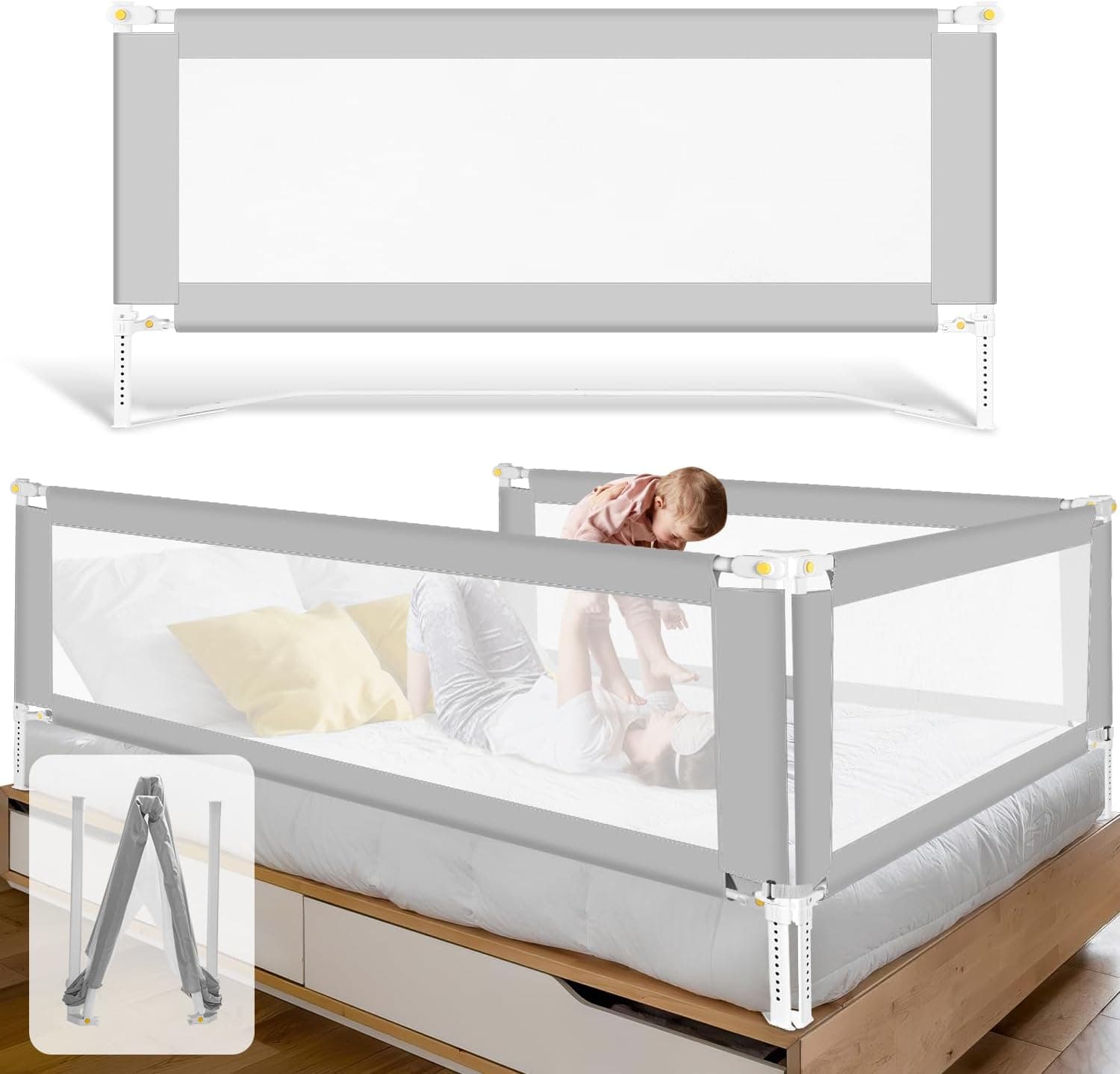 Fiqops Barrera de cama ajustable plegable con protección contra caídas, 150CMx1+200CMx1 con base en U, barandilla de cama para niños, altura ajustable de 68-95cm para camas infantiles y camas de