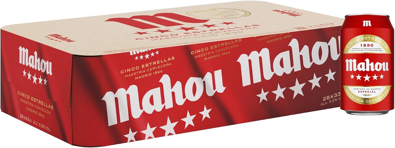 Mahou 5 Estrellas, Cerveza Lager Dorada, Pack 28 Latas x 33cl