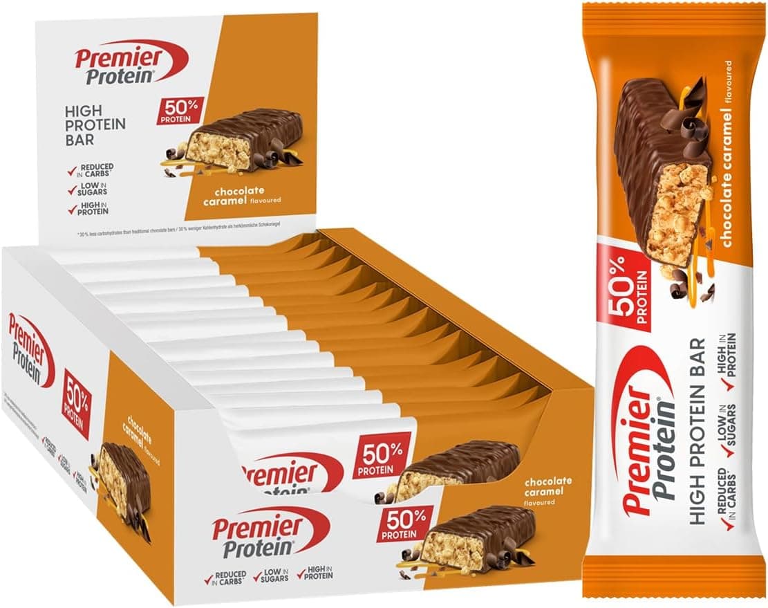 Premier Protein High Protein Bar Chocolate Caramel 16x40g - High Protein Low Sugar Riegel + Palmölfrei