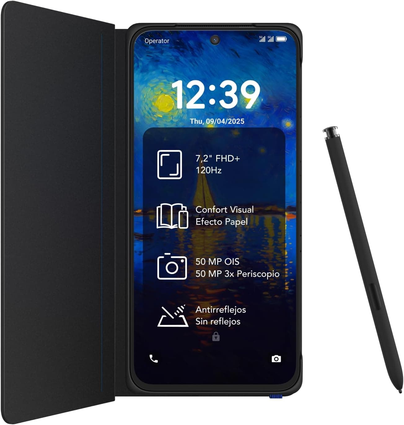 TCL NXTPAPER 60 Ultra 5G Smartphone - Negro | 7,2" FHD+ 120Hz | NXTPAPER 4.0 | 12 GB + 512 GB | Cámara Triple 50 MP OIS | Batería 5000 mAh | Incluye Funda Flip + T-Pen | T-Pen Compatible