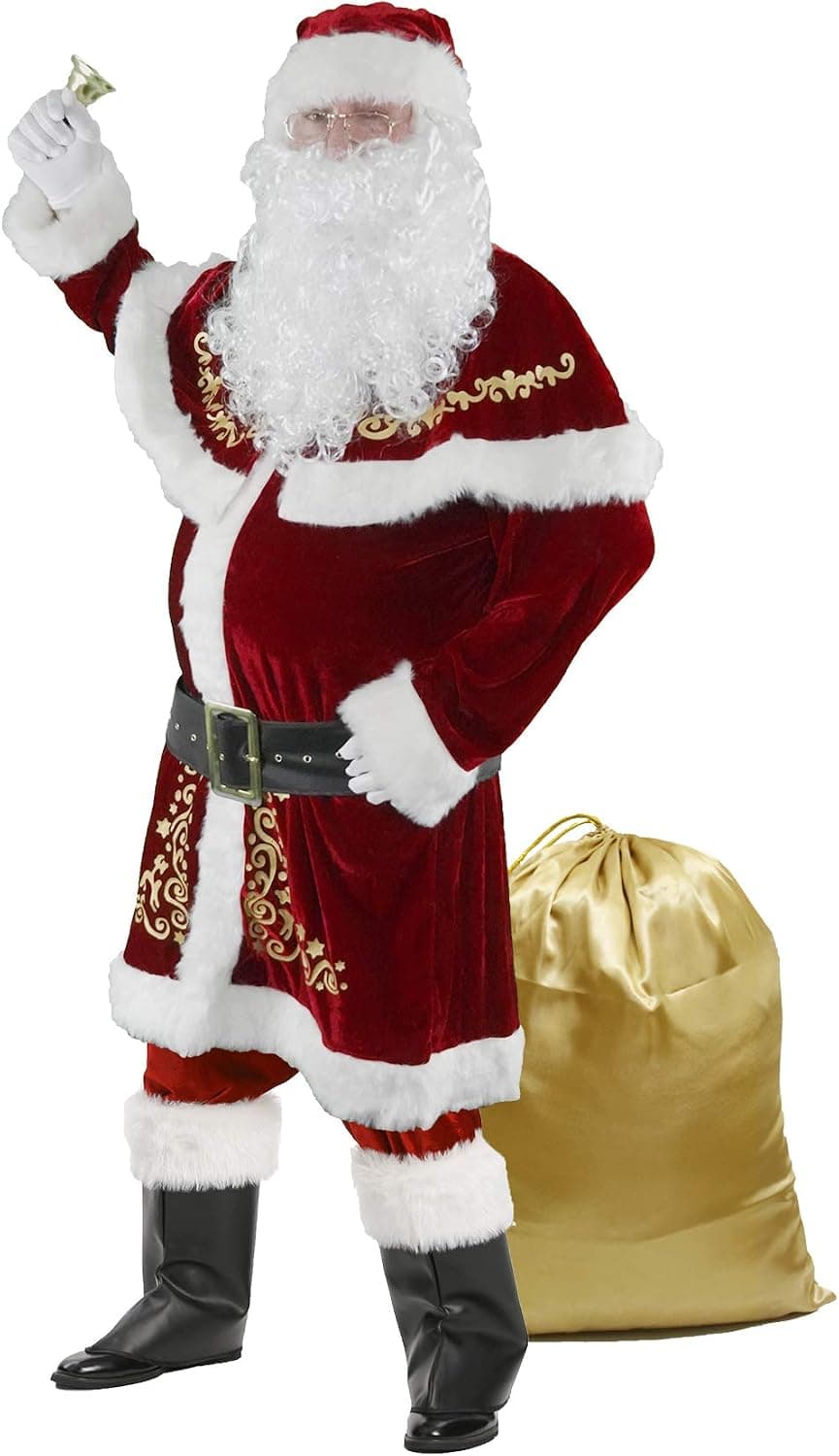 Disfraz de Papá Noel para Hombres, Conjunto de 12 PCS de Navidad para Adultos Traje de Santa Claus de Terciopelo Lujoso Rojo XL