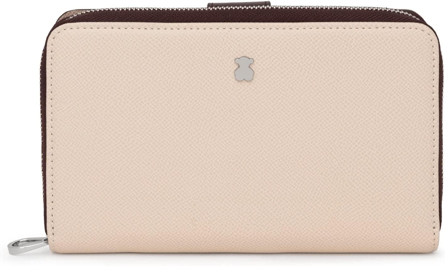 TOUS Billetera Mediana de Poliuretano con Efecto Saffiano en Marrón y Beige, Cierre Presión y Cremallera, Medidas 20 x 10 x 3 cm, Bonito y Chic, Colección Dubai