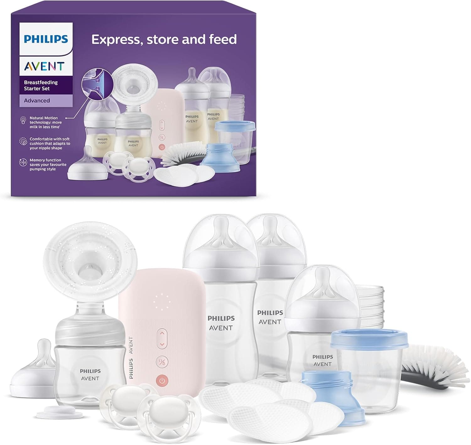 Philips Avent set de regalo para la lactancia materna, extractor de leche eléctrico sencillo con potencia hospitalaria, biberones, chupetes y más, efectivo para las madres, SCD340/31
