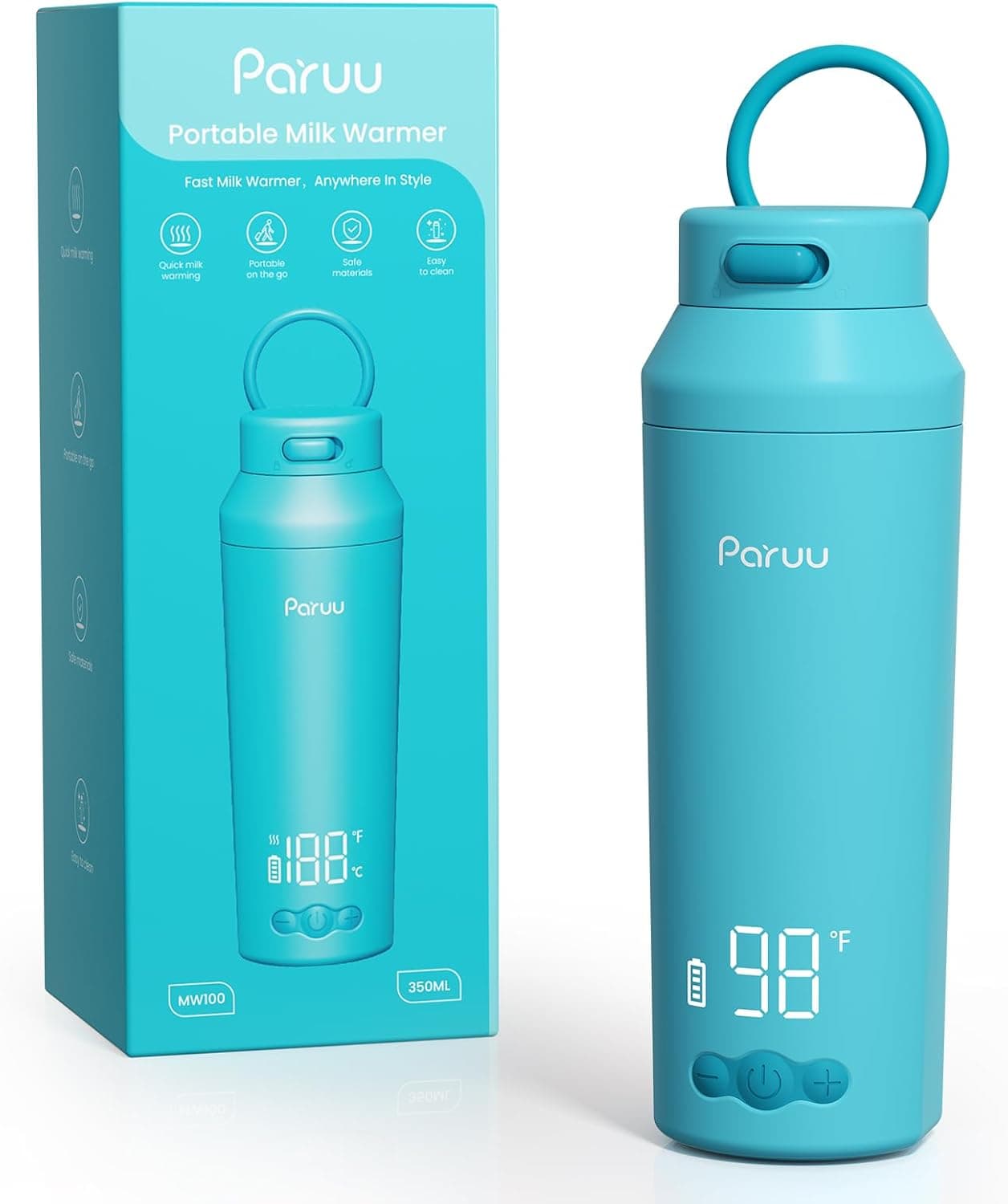 Paruu Calienta Biberones Portatil para Viaje, Calentamiento Rápido en 2 Minutos, Boca Ancha Fácil de Limpiar, 7 Niveles de Regulación de Temperatura, Carga Rápida 30W, Capacidad 350 ml, Azul