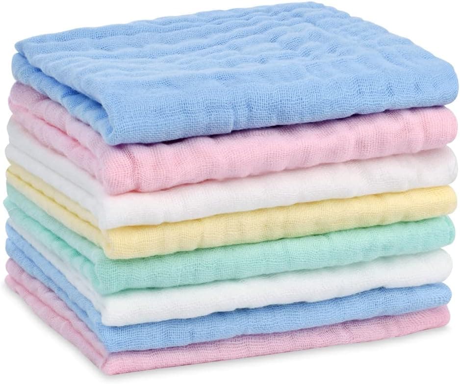 Aolso Muselinas Bebe Algodon 25x25cm, 8pcs Toalla Facial Infantil, Suaves Paños de Muselina para bebé, Gasas para Bebes Nacidos, Toallas De Muselina