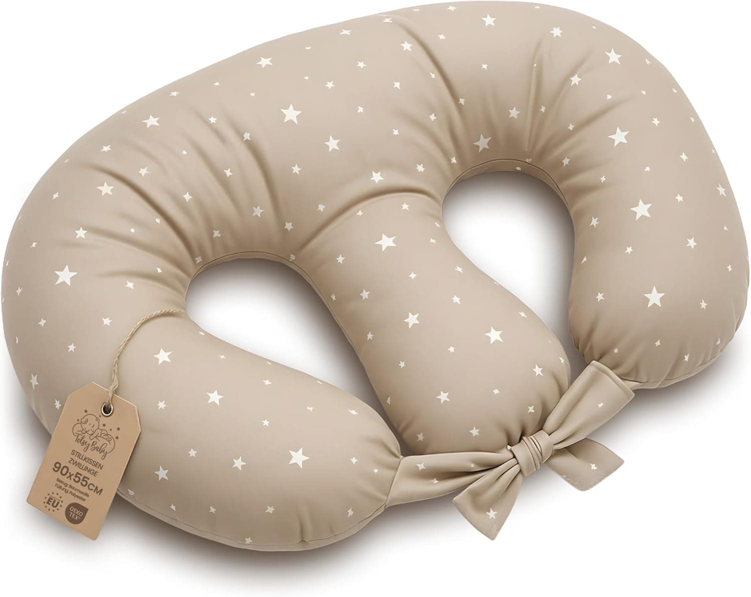 Cojín Lactancia Gemelos XXL 90x50 cm en forma de Media Luna – Almohada Gemelar desenfundable con funda de algodón – Nursing Pillow Twins con Correas de sujeción Oeko-Tex Beige con estrellas blancas