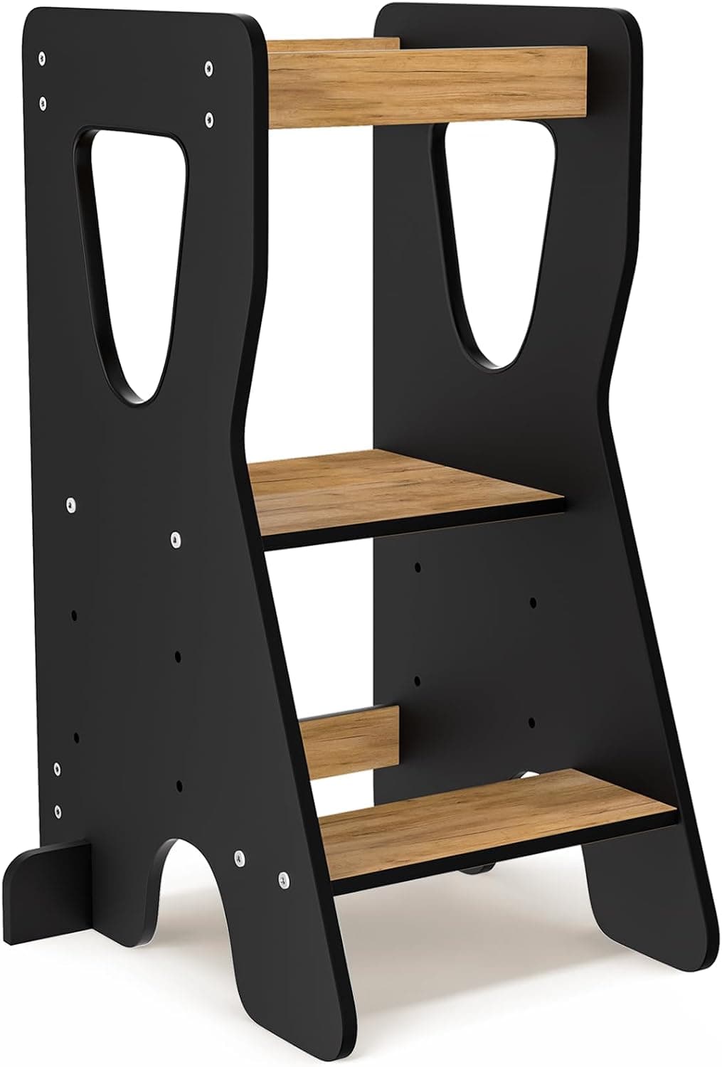COSYLAND Torre de Aprendizaje Montessori de Madera – Altura Ajustable en 3 Niveles – para Niños Desde 18 Meses – con Barandillas de Seguridad – Estable y Fácil de Montar – Natural y Negro, Forma R