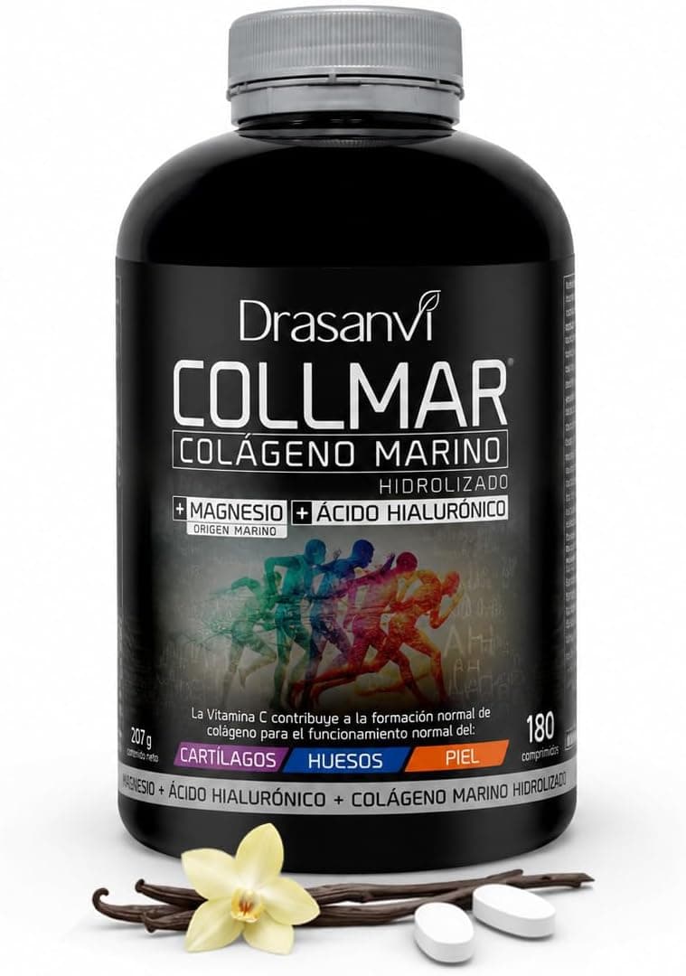 Drasanvi COLLMAR Colágeno Marino Hidrolizado con Ácido Hialurónico, Magnesio, Vitamina C natural | para cartílagos, huesos y piel | Alta dosis 3.900 mg/día | 180 comp = 30 días | Sabor vainilla