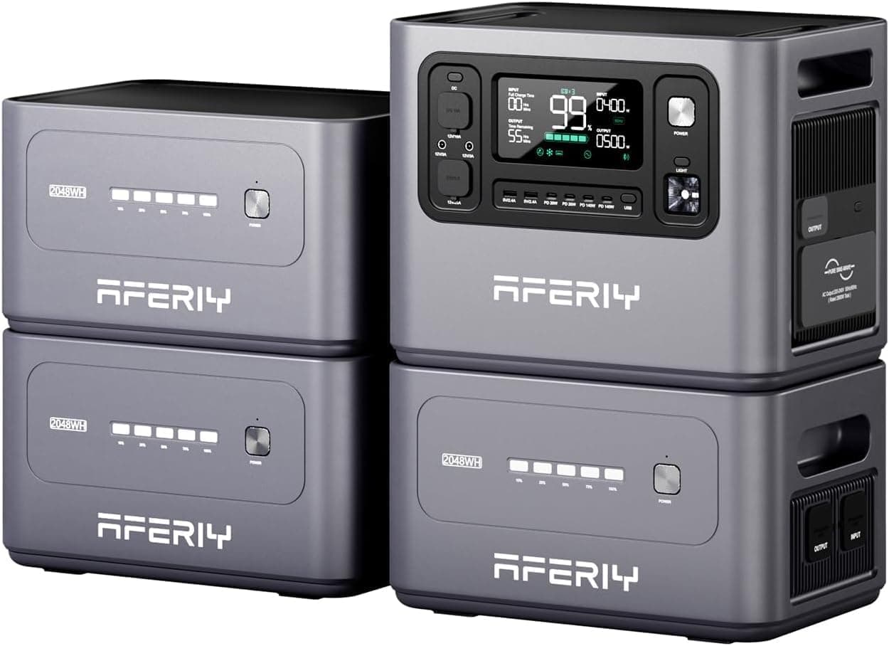 AFERIY 2800W Set Powerstation 2048Wh, Con 2048Wh 3 Baterías Expansión, Carga Rápida 1,5H, 13 Salidas, Onda Sinusoidal Pura 230V, Generador Solar LiFePO4 8192Wh Para Camping Oficina En Casa 2025 Nuevo