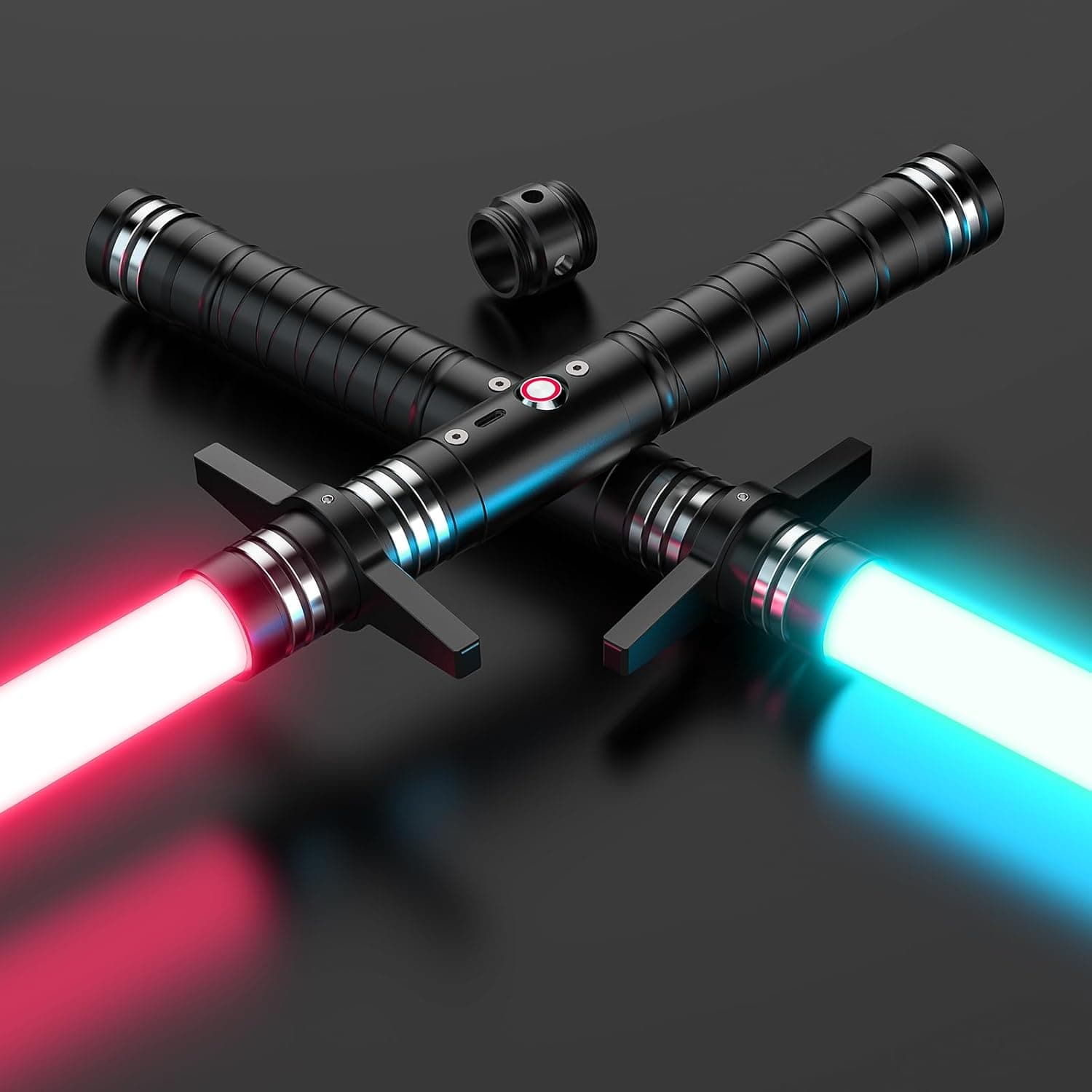 Sable de luz RGB 24 Colores, 102 CM Sable láser con USB Recargable Cara Mango de Metal Vibrante, Espada con Sonido FX para Navidad Halloween Regalos (Kreuz 2pc)