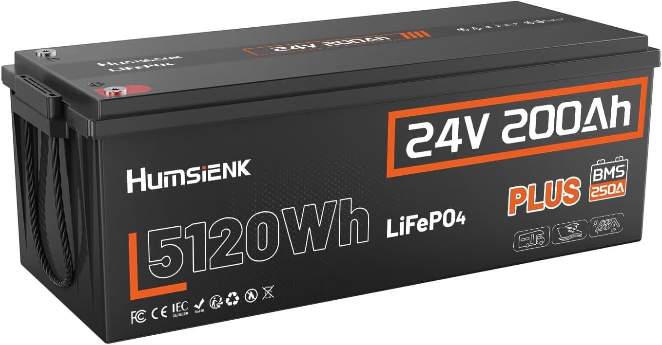 Humsienk Batería Litio 24V 200Ah LiFePO4 con BMS 250A y Protección contra Bajas Temperatura, 24V 200Ah Bateria LiFePO4 para Camper, Solar,Barcos de Pesca de Róbalo, Autocaravanas, Fuera de la Red