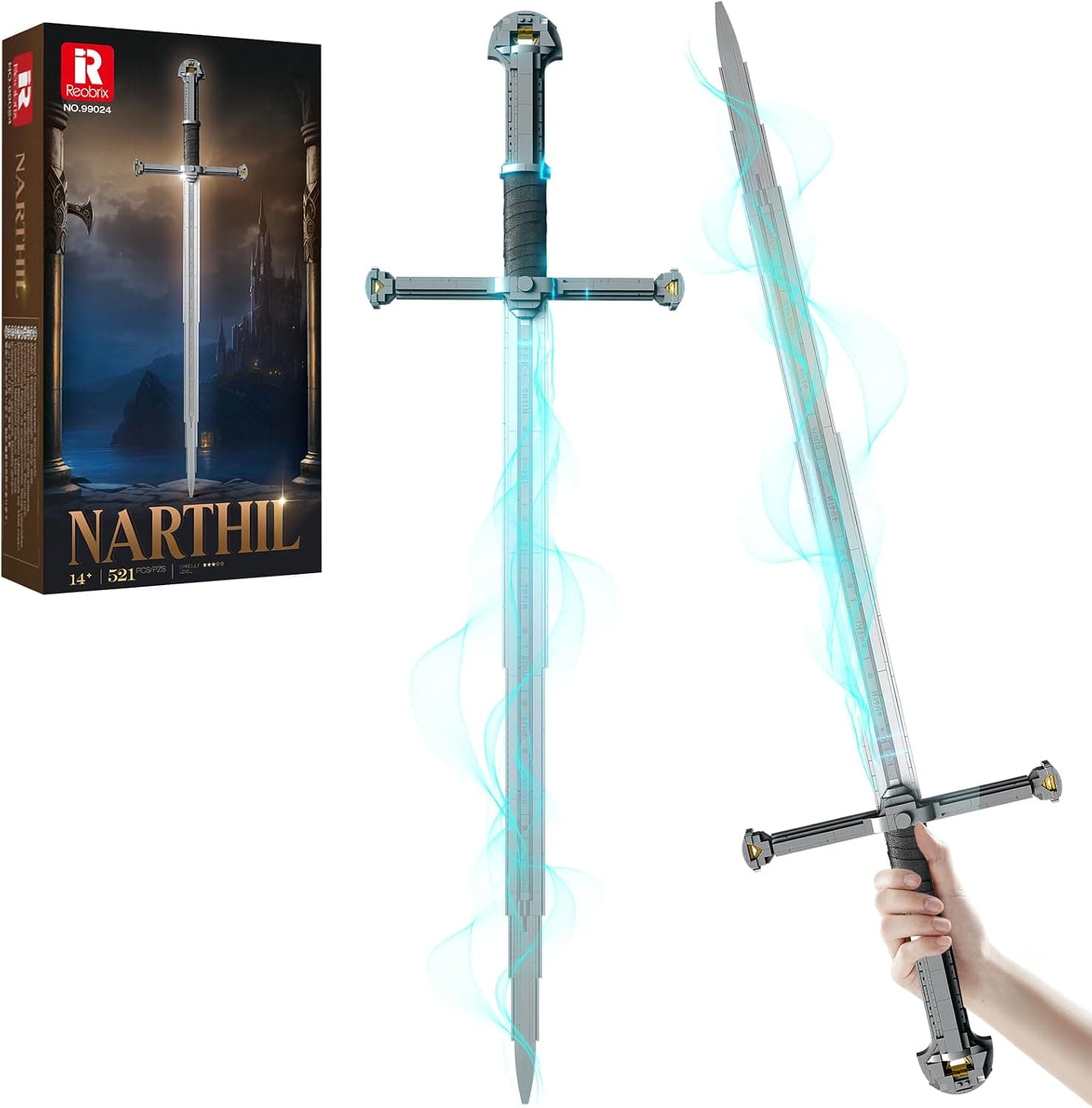 Reobrix Juegos de construcción de espadas para adultos, modelo coleccionable de Narthil, modelo de construcción y exhibición, estilo anime 99024, espada de juguete para cosplay, decoración de oficina