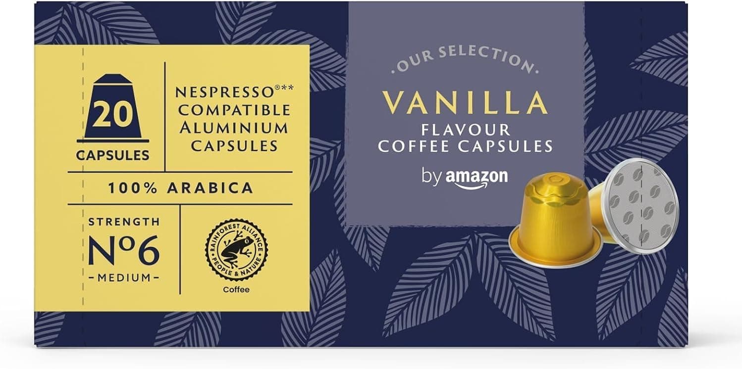 by Amazon Cápsulas de Aluminio de Café Sabor Vainilla Compatibles con Nespresso, 20 Unidades (1 Paquete de 20), Certificadas por Rainforest Alliance