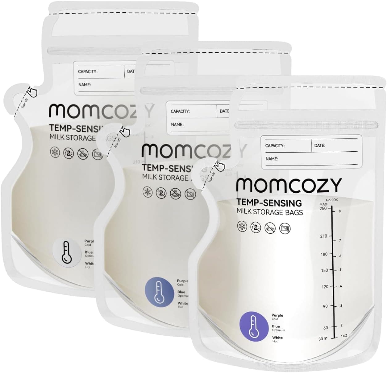 Momcozy Bolsas Leche Materna Con Pico Vertedor, 250 ml, Termosensibles (Cambio De Color), 120 Unidades, Base Autoestable, Preesterilizadas, Antifugas, Aptas Para Congelador, Reciclables Y Sin BPA