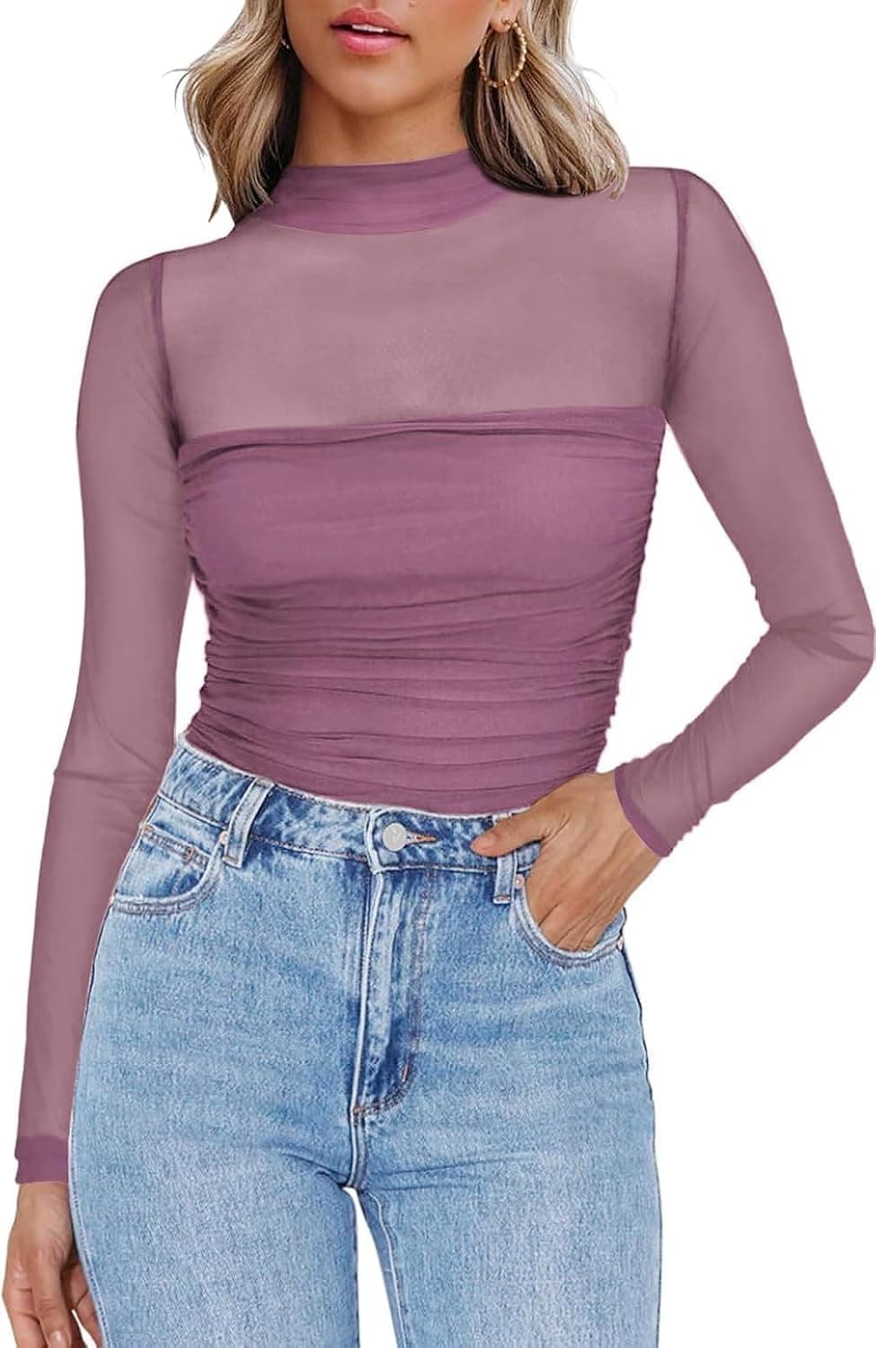 Zeagoo Camiseta de malla para mujer, transparente, cuello redondo, manga larga, sexy, para fiestas, corte ajustado, camiseta de manga larga