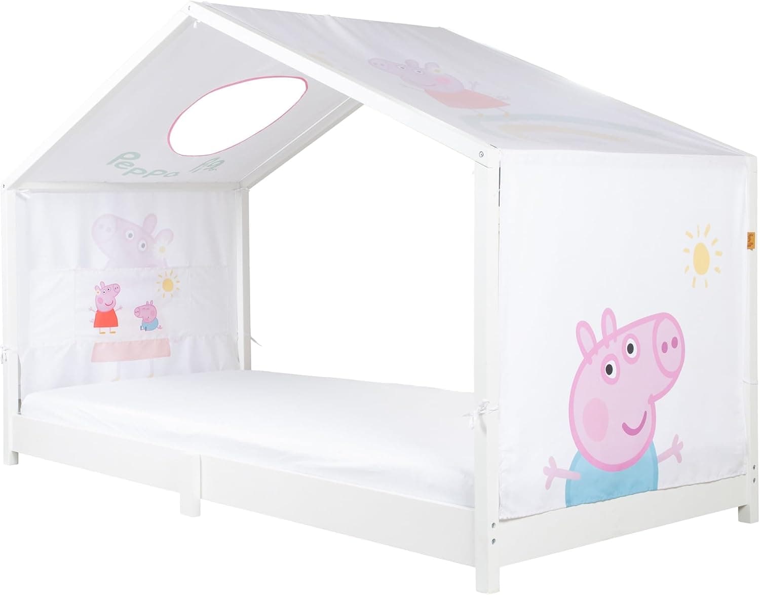 Funda roba para camas Montessori tipo casita 90 x 200 cm con diseño Peppa Pig - Accesorio para convertirla en cama con dosel - Incluye 3 bolsillos y ventana en el techo