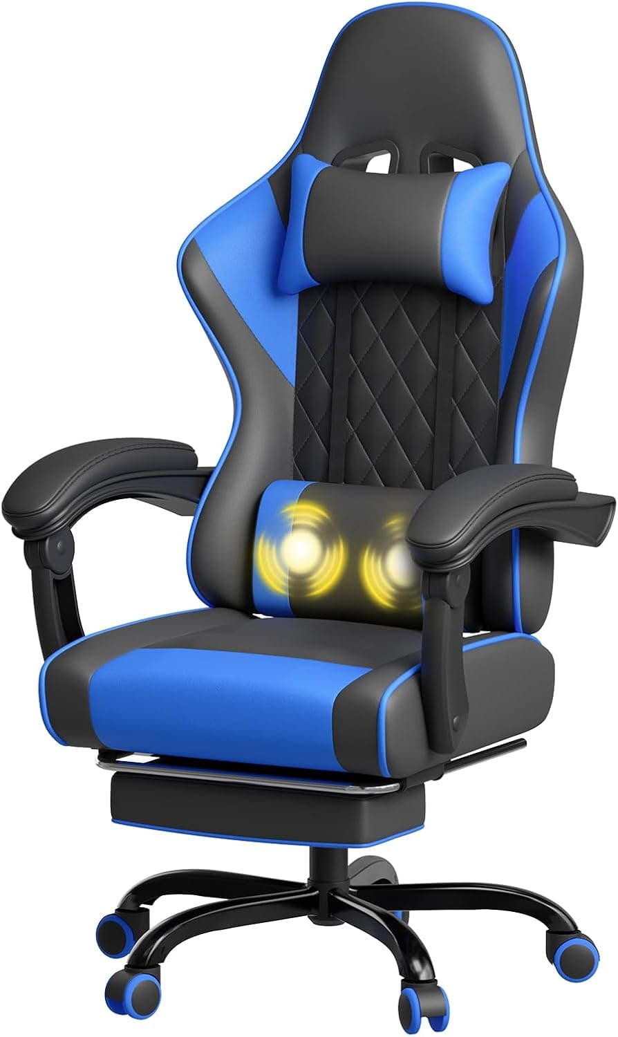 JUMMICO Silla Gaming con Masaje, Butaca Reclinable Ergonómica con Reposapiés y Reposacabezas, Silla de Ordenador y Silla de Trabajo, Soporta 150 kg, Cómoda y Elegante,Azul