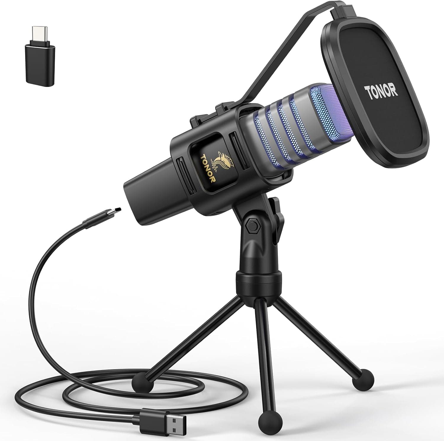 TONOR Micrófono USB de Cardioide Ordenadores PC, Micrófono con Soporte de Trípode, Filtro Antipop, Soporte Gaming, Streaming, Podcasts, Youtube, Locución, Skype, Twitch, Discord, 200 cm, RGB, TC30
