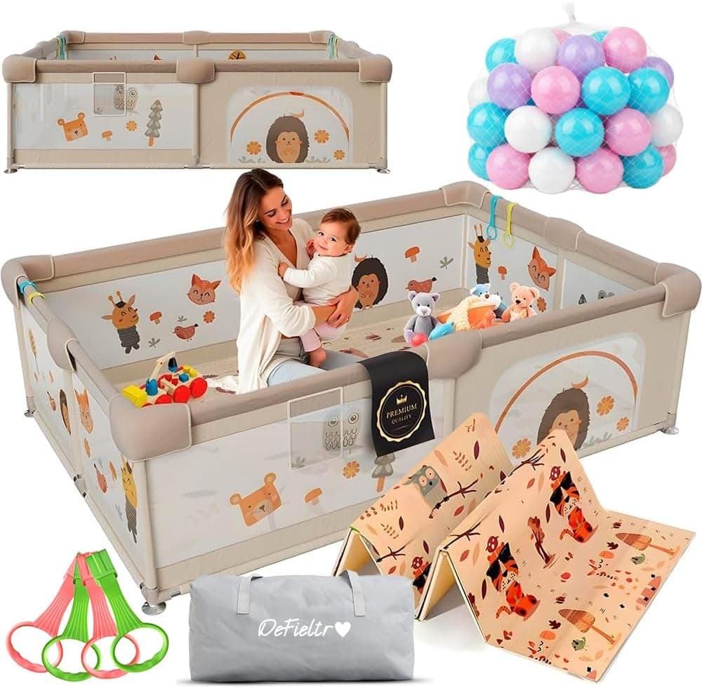 Parque Infantil Bebe del Bosque 150x180 - Corralito Bebe con Malla de Animales Transpirable Alfombra Acolchada +60 BOLAS +4 Anillas - Corral Plegable Baby ANTIDESLIZANTE