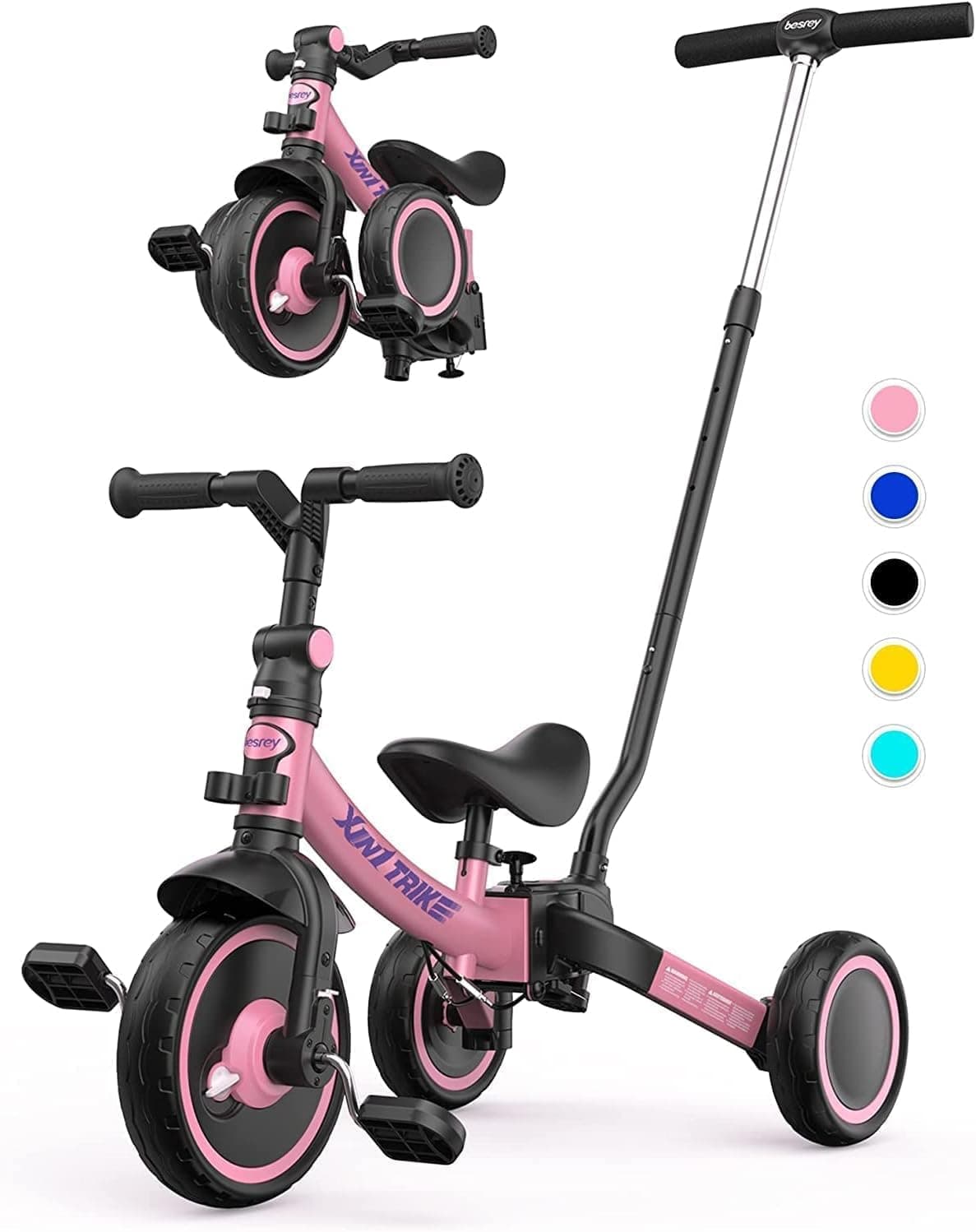 besrey 5 en 1 Triciclo para niños pequeños con manija de Empuje de dirección para 1-5 años,Triciclo,Bicicleta,Carro de Equilibrio,Caminante, Altura del Asiento Regulable,Rosa