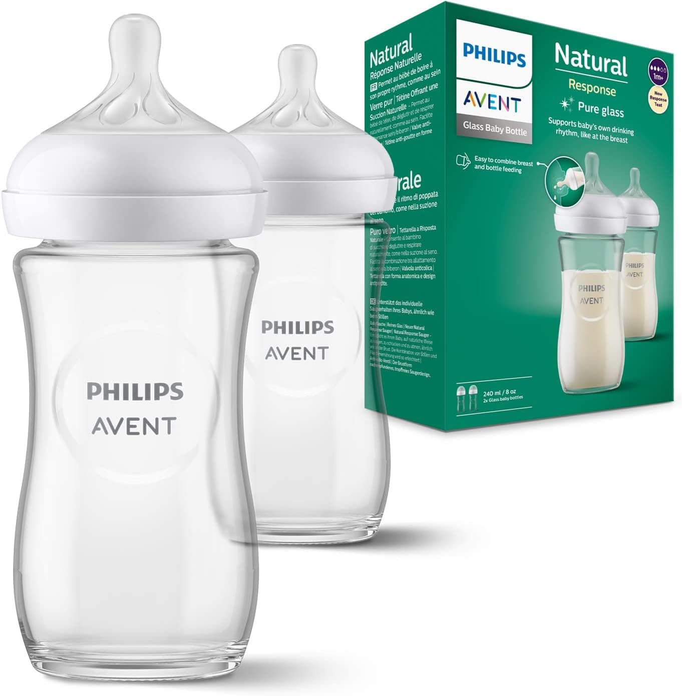 Philips Avent Biberón de cristal Natural Response: 2 biberones de 240 ml sin BPA para recién nacidos a partir de 3-6 meses (modelo SCY933/02)