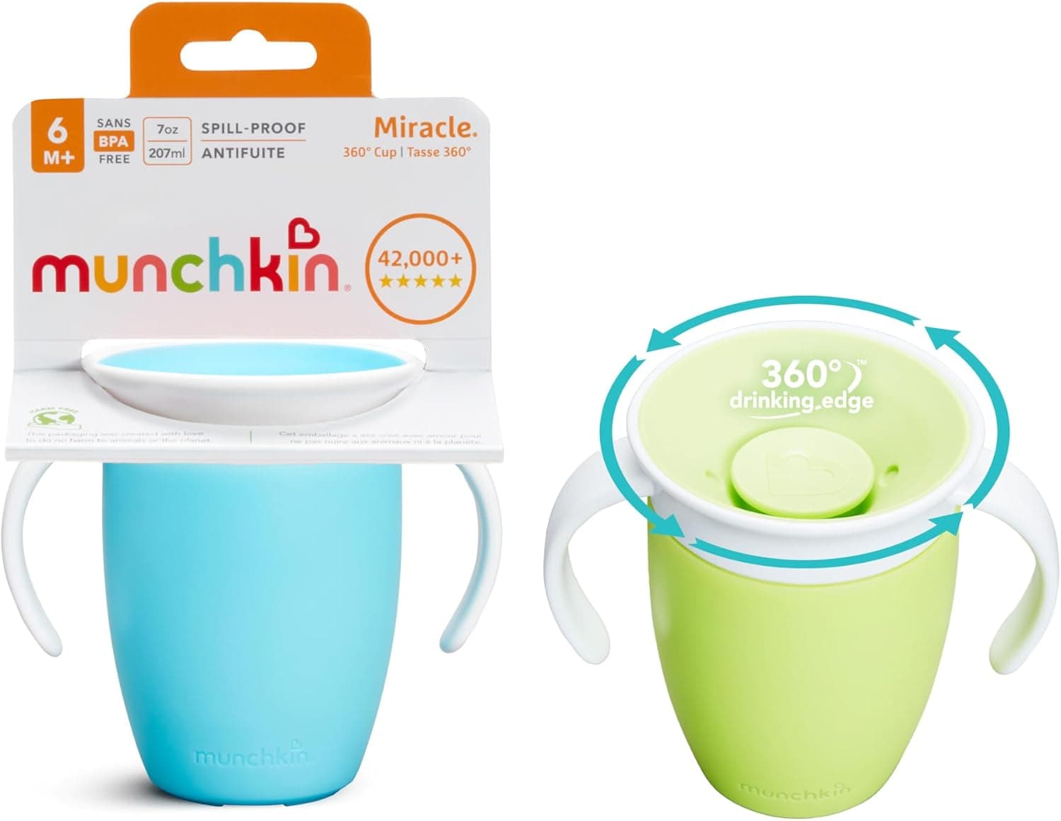 Munchkin Vaso Aprendizaje, Set de Vasos 360° con Asas, Vaso Antiderrame Libre de BPA para Bebés a Partir de los 6 Meses y Niños Pequeños, Apto para Lavavajillas, Lote de 2 x 207 ml, Azul/Verde