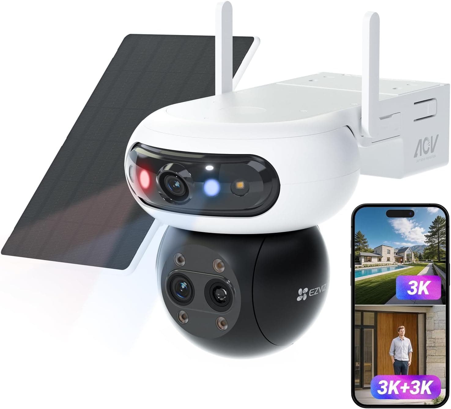 EZVIZ Cámara 15MP(5+5+5 MP) Vigilancia WiFi Exterior Solar,Bateria,Zoom Mixto 12x,Triple Lente 3K,sin Cables,360°,AOV,Detección IA de Persona,CB90F Kit