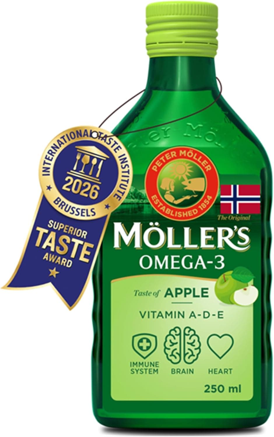 Moller’s ® | Aceite de hígado de bacalao | Complemento dietético con omega-3 EPA, DHA y vitaminas A, D y E | Sabor Manzana | 250 ml