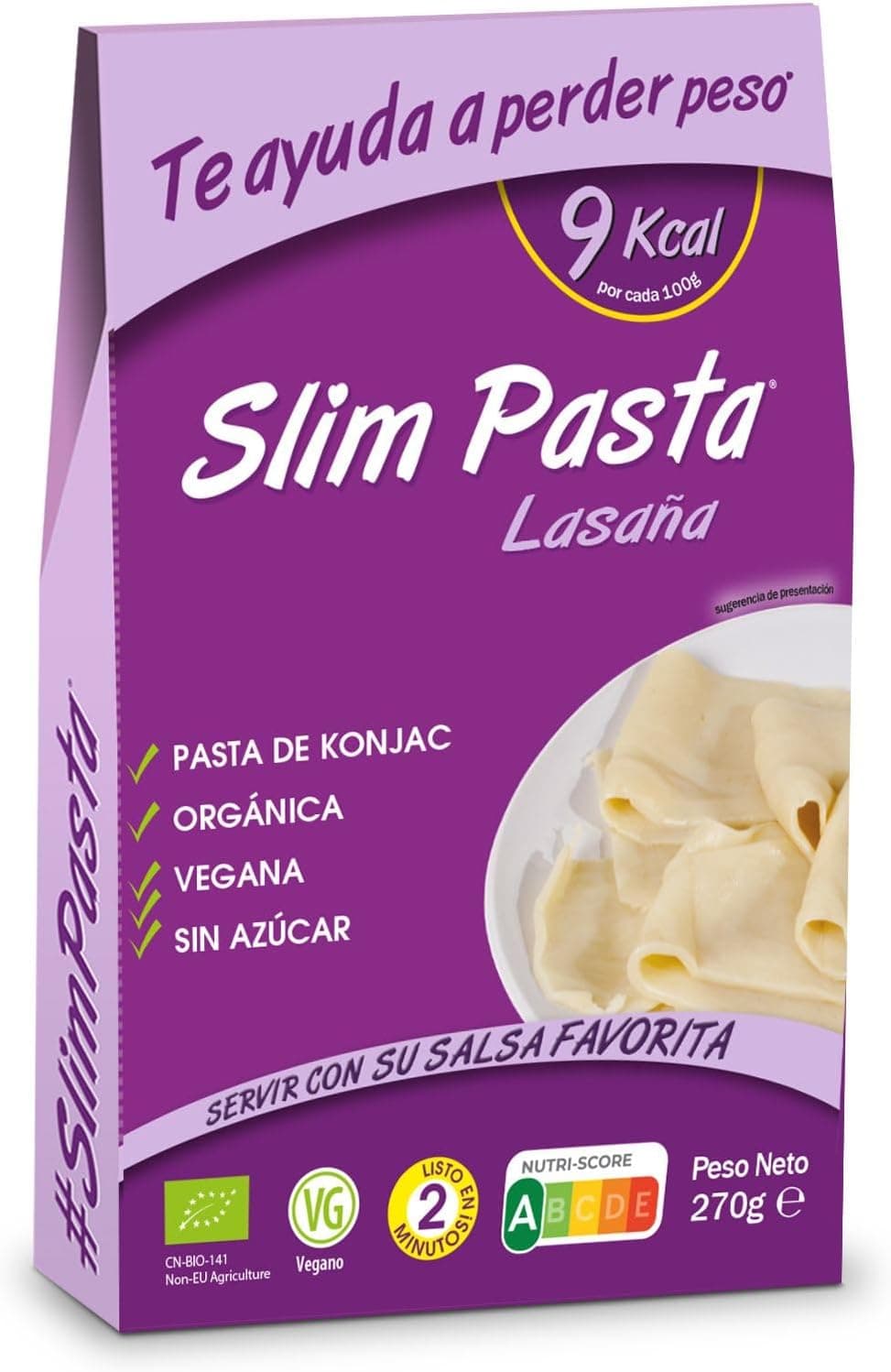 Slim Pasta - Placas de Lasaña - 270 g - Vegana Muy Baja en Calorías - Ideal para Dieta Keto - Elaborado con Agua Purificada, Fibra de Avena y Harina de Konjac - Efecto Saciante
