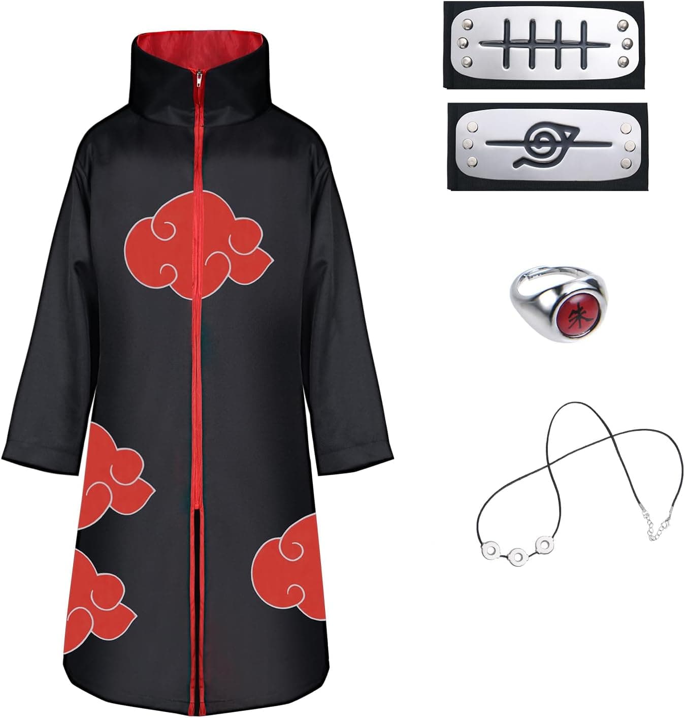 ACWOO Capa De Akatsuki Itachi, 5PCS Set Disfraz de Itachi Uchiha Cosplay, Abrigo Akatsuki con Diadema Accesorios Traje, Disfraz de Carnaval para adulto y niños, unisex, Halloween, Navidad, fiesta