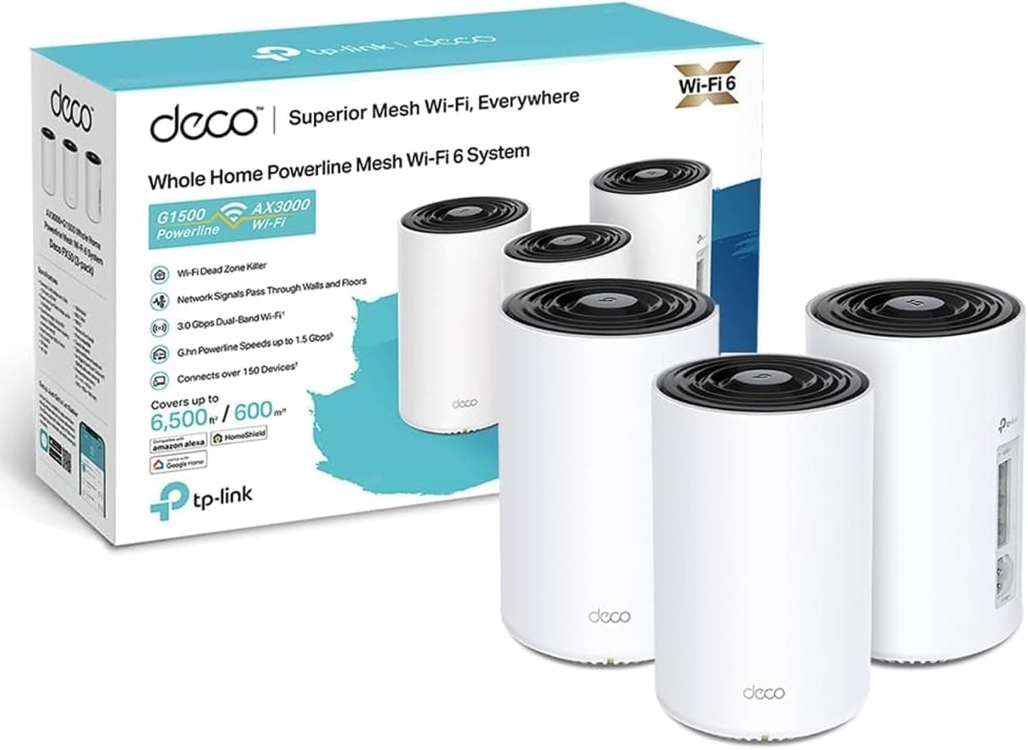 TP-Link Deco PX50 (3-Pack) - Sistema WiFi 6 AI Mesh+PLC, AX3000+G1500 Doble Banda 2.4 GHz/5 GHz, Cobertura hasta 400 m2,Conecta hasta 150 Dispositivos, 3X Puertos GigabIt por Unidad,MU-MIMO