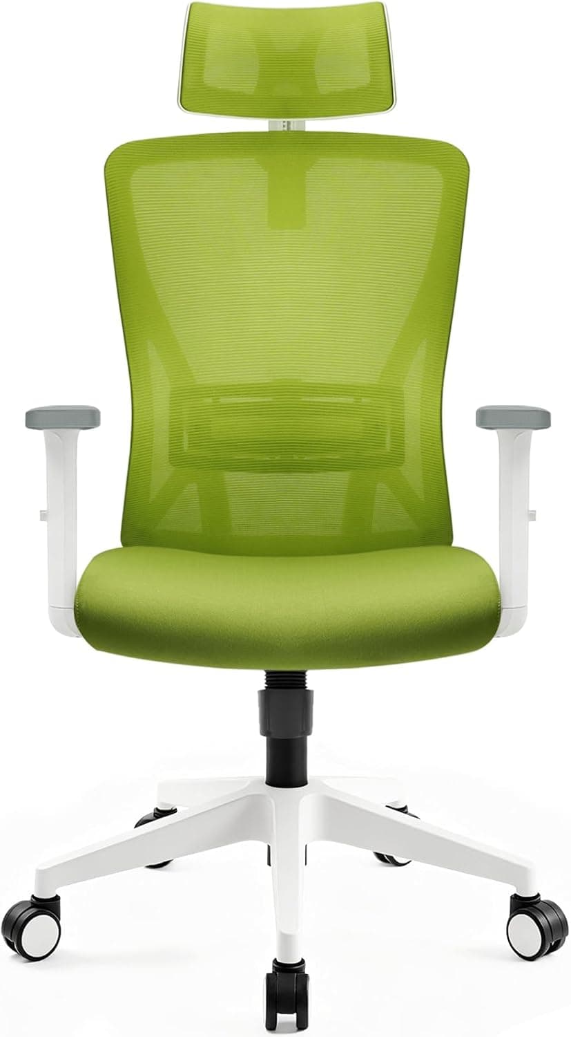 Durrafy Silla de Oficina Ergonómica, Reposacabezas y Soporte Lumbar Ajustables, Malla Transpirable, 120° Inclinación（No se Puede Bloquear）, 360° Giratoria, Carga 150kg. (Verde)