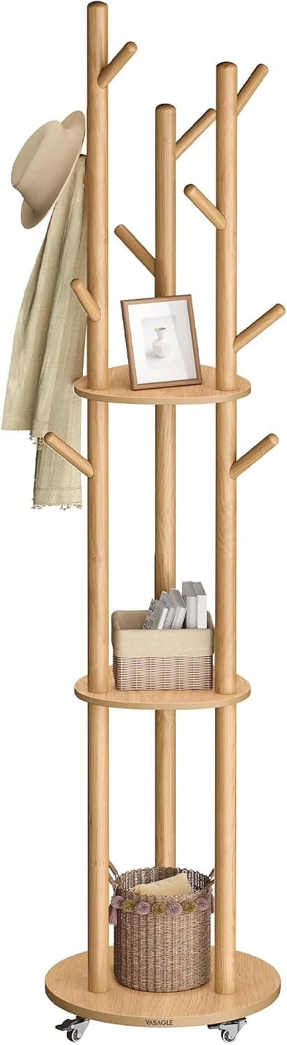 VASAGLE Perchero de Pie, Perchero con 11 Ganchos y 3 Estantes, 4 Ruedas Giratorias de 360° y Extraíbles, Ganchos y Postes de Madera, para Entrada Dormitorio Salón, Natural RCR023YK01