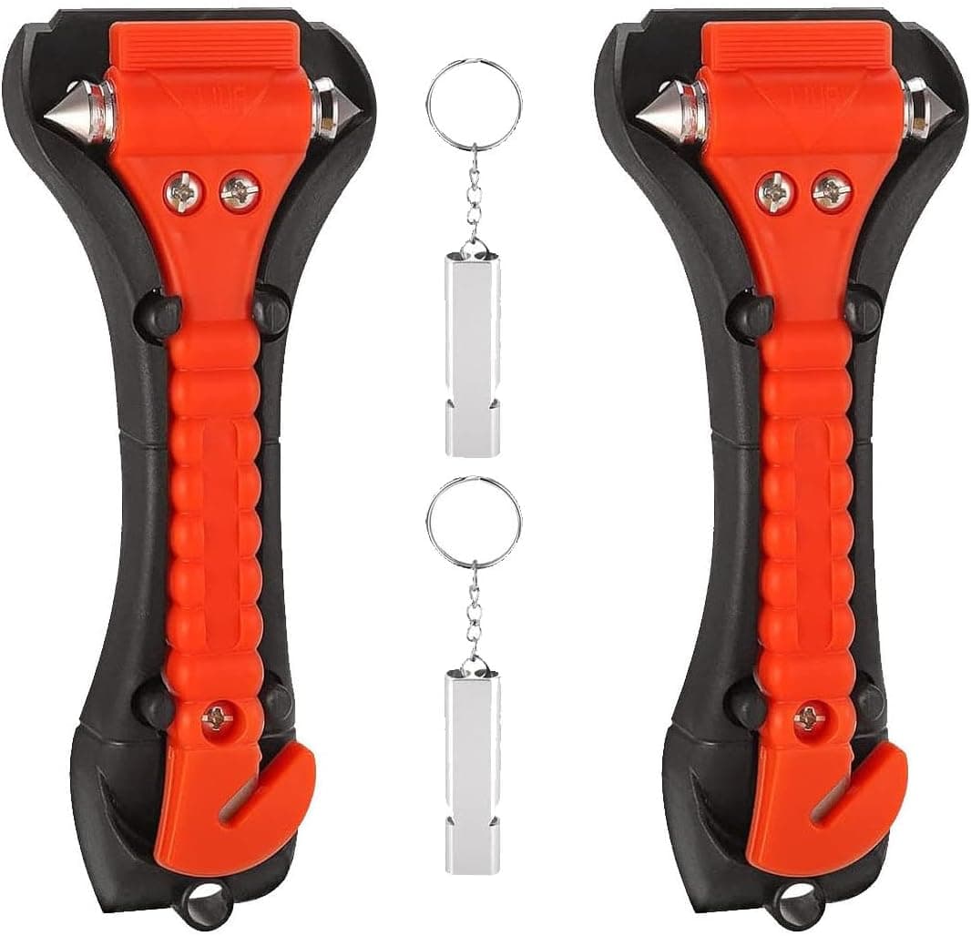 2 Martillo Rompecristales de Emergencia y Cortador de Cinturón de Seguridad, Martillo de Emergencia y Cortadora de Cinturón de Seguridad para automóviles en Dos, con 2 Silbato de Supervivencia