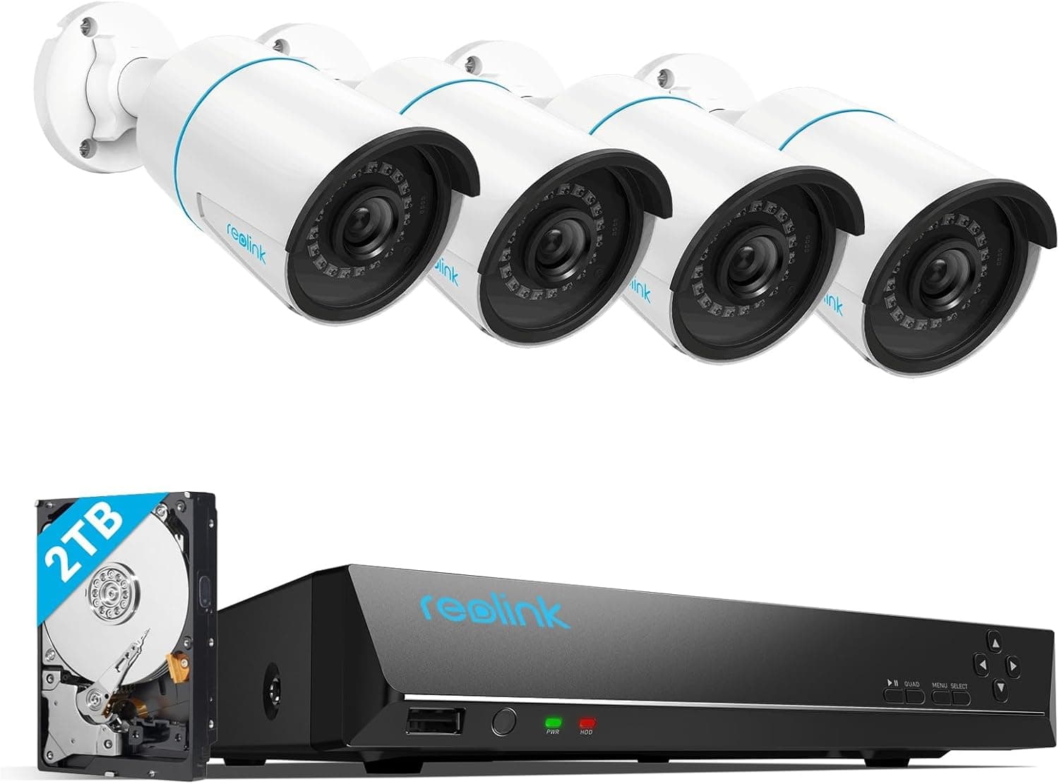 Reolink Kit Cámaras de Seguridad 8CH 5MP H.265, 4 PoE IP Cámaras Exterior Impermeables IP67, Detección de Personas/vehículos, 30M Visión Nocturna, 2TB HDD NVR para Grabación Continua, RLK8-410B4-5MP