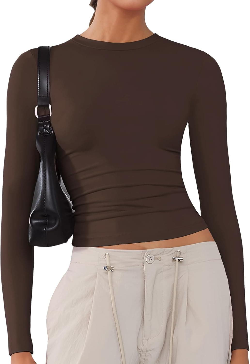 Camisas suaves de manga larga para mujer, cuello redondo, camisetas básicas elásticas para salir, camisetas cortas Y2K ajustadas