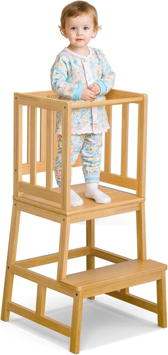 COSYLAND Torre de Aprendizaje Montessori para Niños Mayores de 18 Meses, Estructura Antivuelco y Estable (Natural Oscuro)
