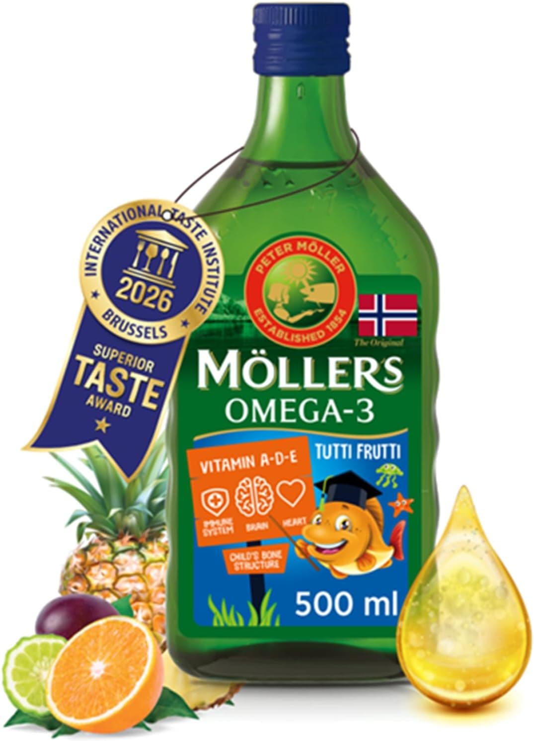 Moller’s ® | Aceite de hígado de bacalao | Complemento dietético para niños con omega-3 EPA, DHA y vitaminas A, D y E | Sabor Tutti Frutti | 500 ml