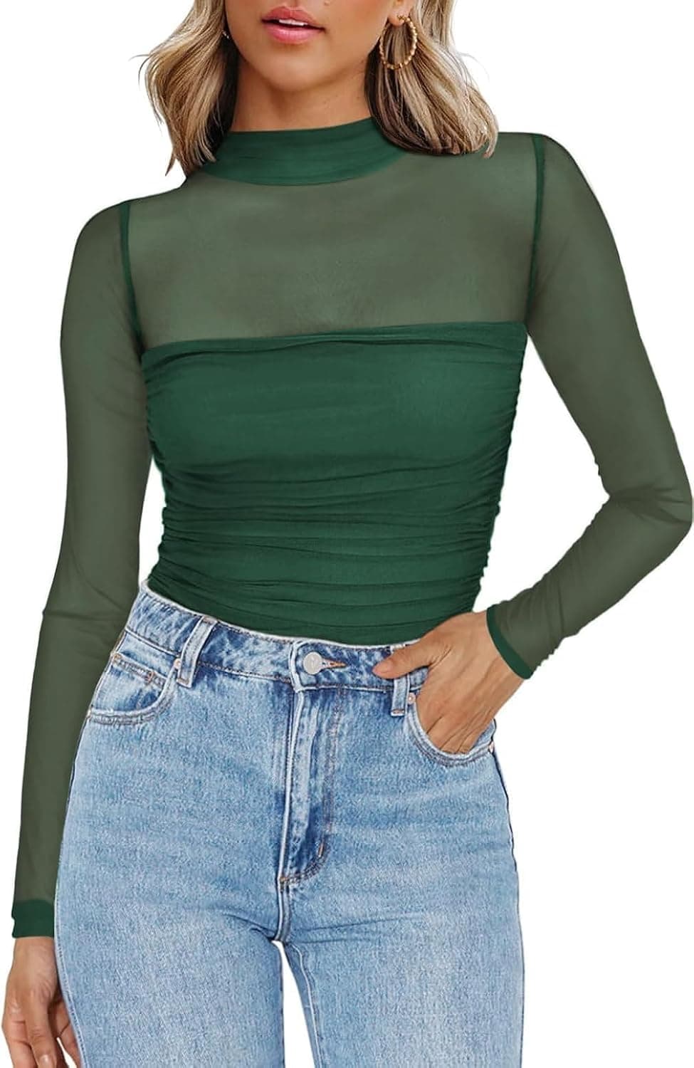 Zeagoo Camiseta de malla para mujer, transparente, cuello redondo, manga larga, sexy, para fiestas, corte ajustado, camiseta de manga larga