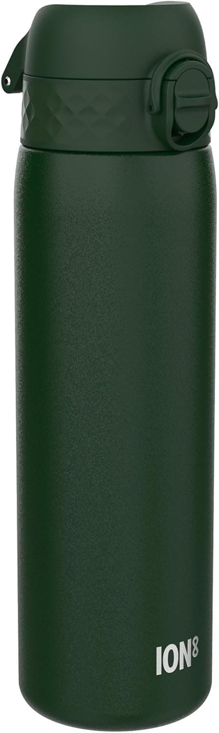 ion8 Botella Agua Inox Ligero, 600ml, Sin Aislamiento, a Prueba de Fugas, Fácil de Abrir, Cerradura Segura, Aptas para Lavavajillas, Fácil de Limpiar, Resistente a Rayones, Verde Oscuro