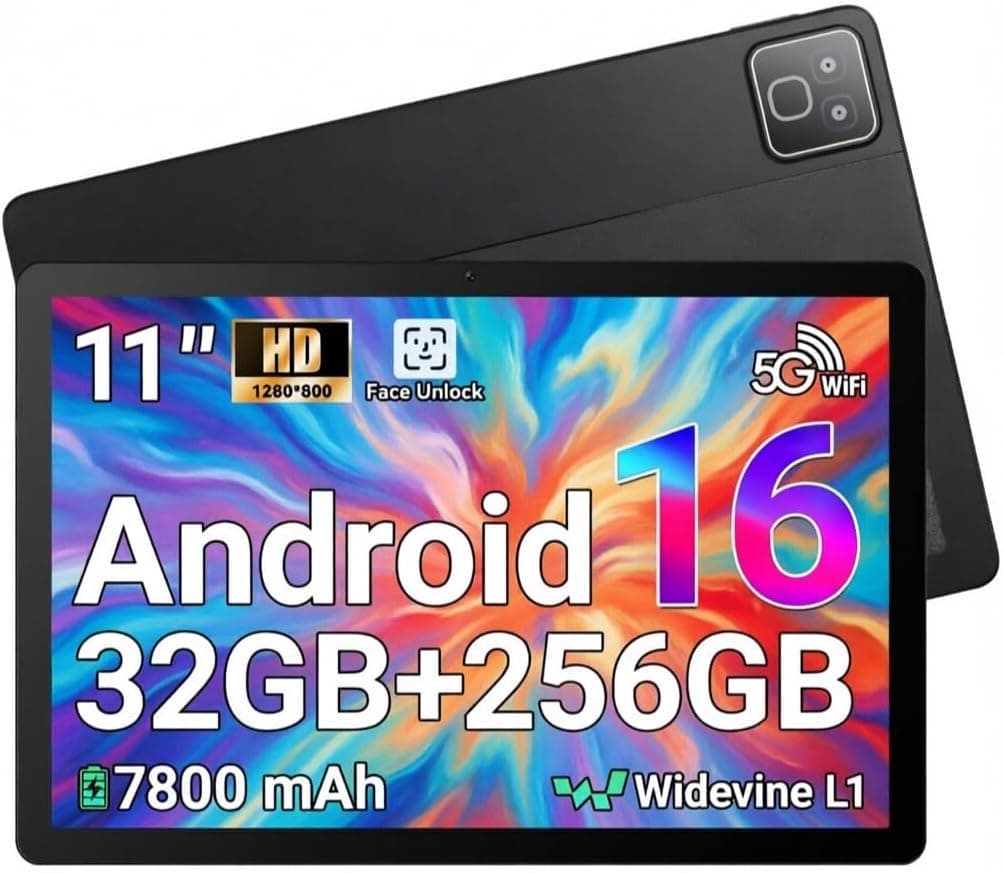 Tablet Android 16, Tableta de 11 Pulgadas, 32GB RAM+256GB ROM (TF 1TB), 7800mAh, 5 Núcleos, 1280 * 800 Pantalla HD, WiFi 6, Widevine L1, Bluetooth 5.4, 5MP+8MP, Face ID, GPS Tableta Pad