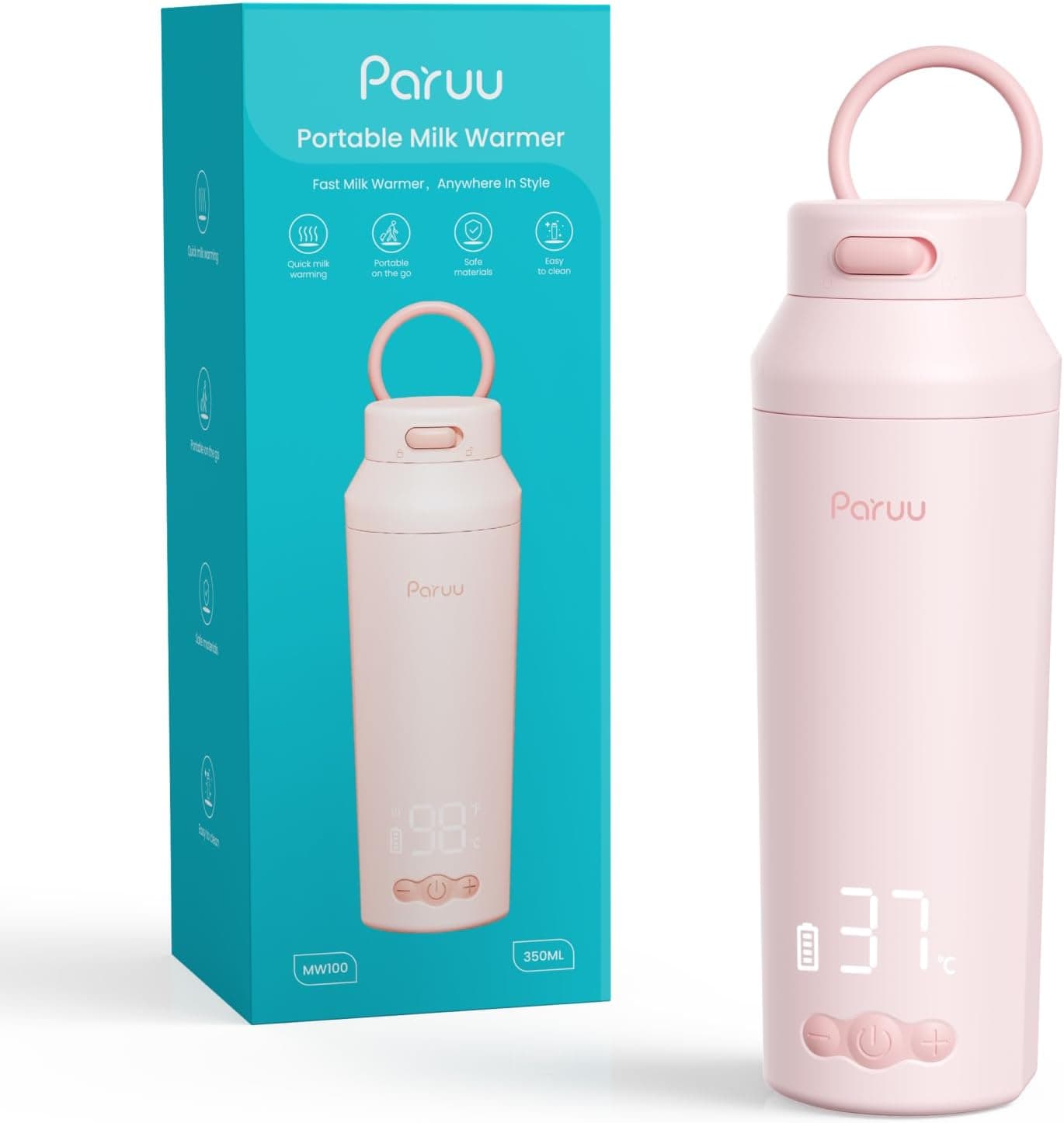Paruu Calienta Biberones Portatil para Viaje, Boca Ancha Fácil de Limpiar, Calentamiento Rápido en 2 Minutos, 7 Niveles de Regulación de Temperatura, Capacidad 350ml, Rosa