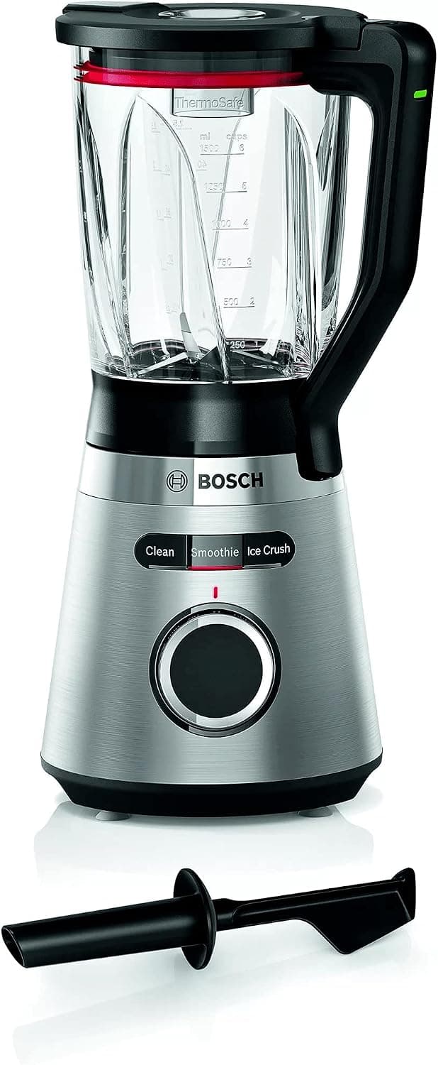 Bosch - Batidora de Vaso VitaPower, 1200 W, 1.5 litros, Jarra de cristal ThermoSafe, Cuchillas EasyClick, Programas Automáticos, Acero y Negro, MMB6382M