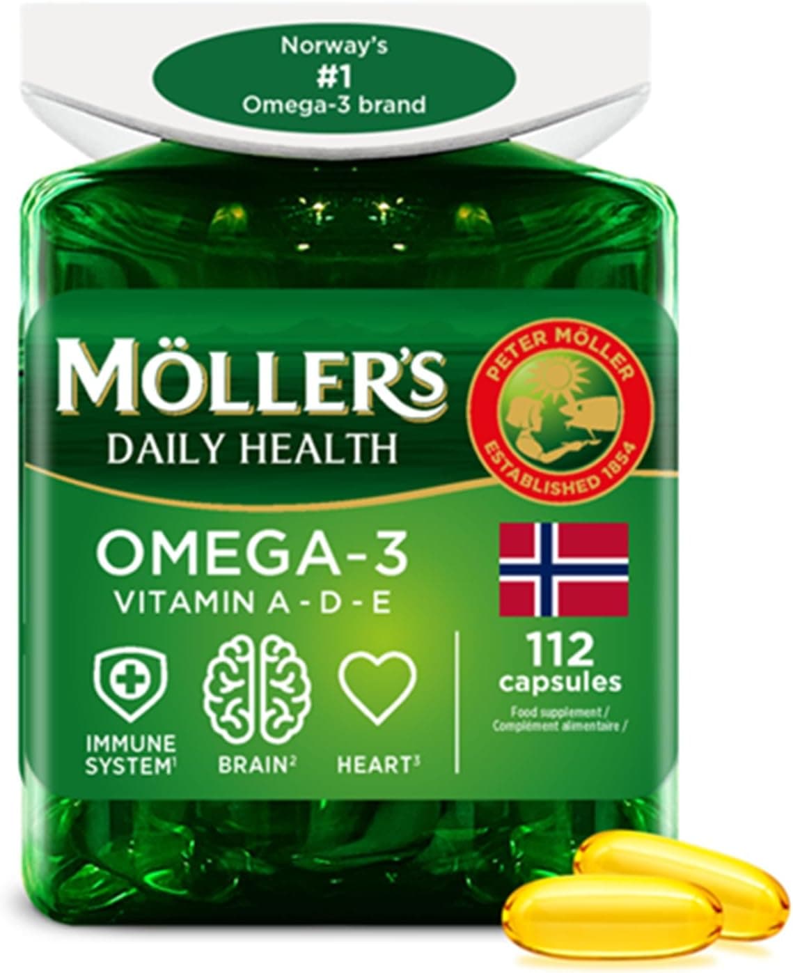 Moller’s ® | Cápsulas de omega 3 | Aceite de pescado | Suplemento dietético nórdico con omega 3 y EPA, DHA, vitaminas A, D y E | Marca con 166 años de historia | Daily Health | 112 cápsulas